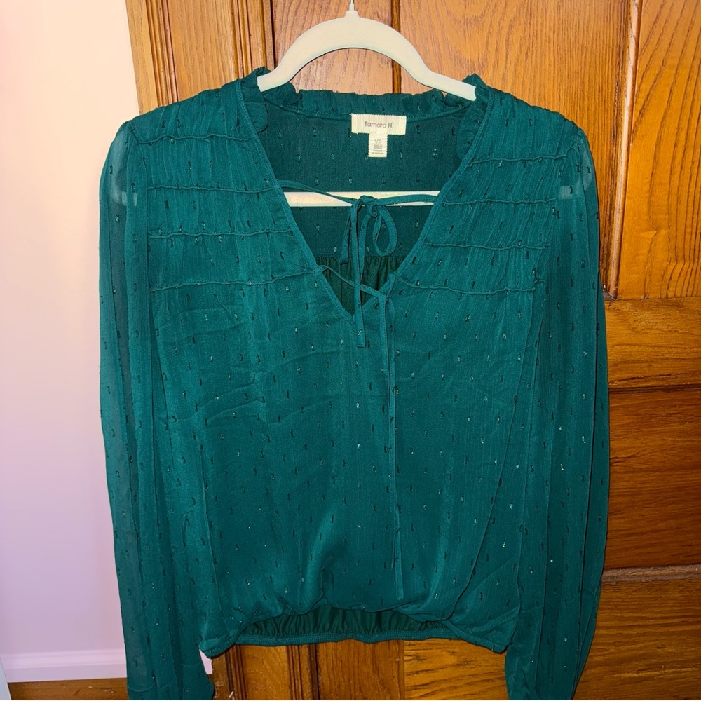 Green Blouse with Tie Accent